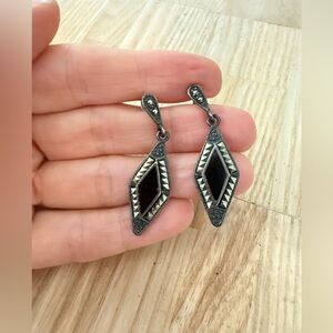 Vintage 925 sterling silver art deco marcasite diamond shaped dangle earrings